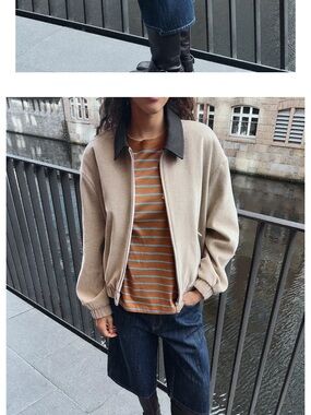 Zara Beige Bomber Jacket with Black Collar